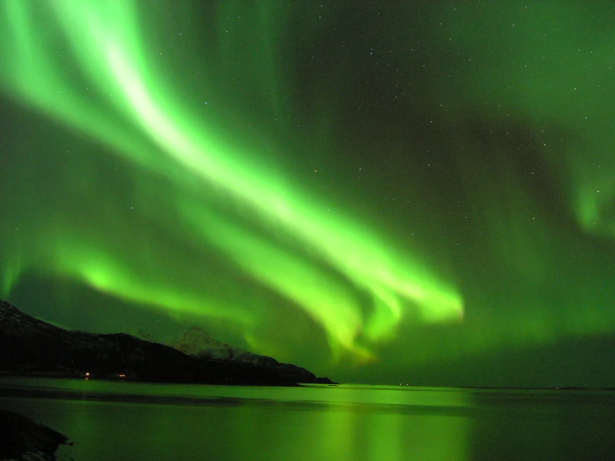Aurora bus traveling through snowy Arctic landscape at night, searching for northern lights viewing opportunities